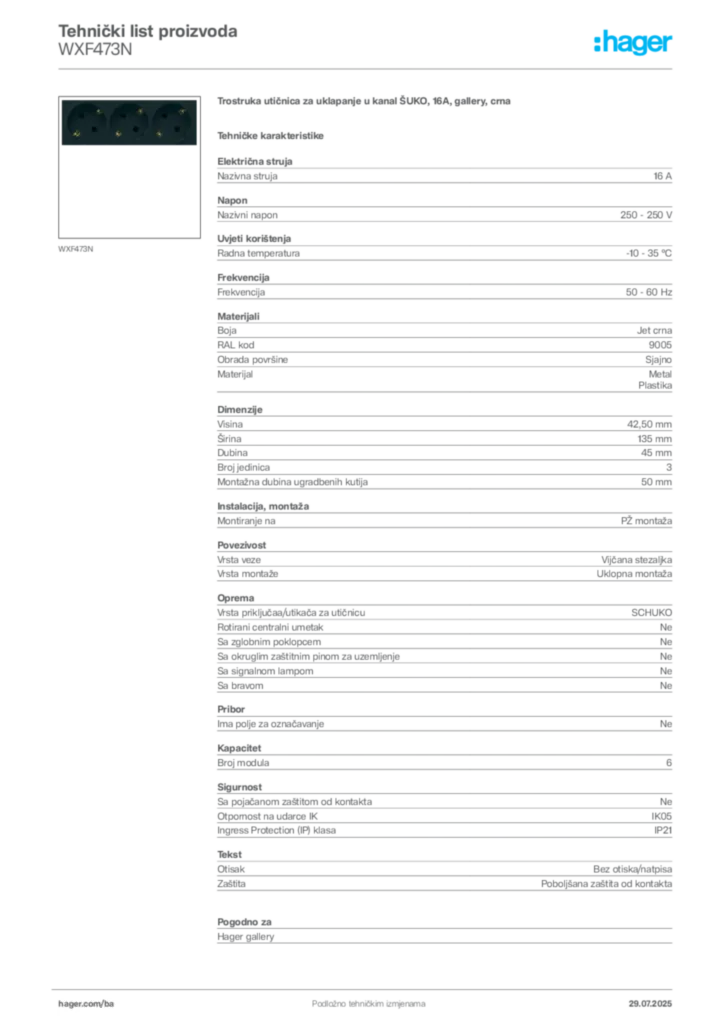 Slika Hager Product data sheet WXF473N  | Hager