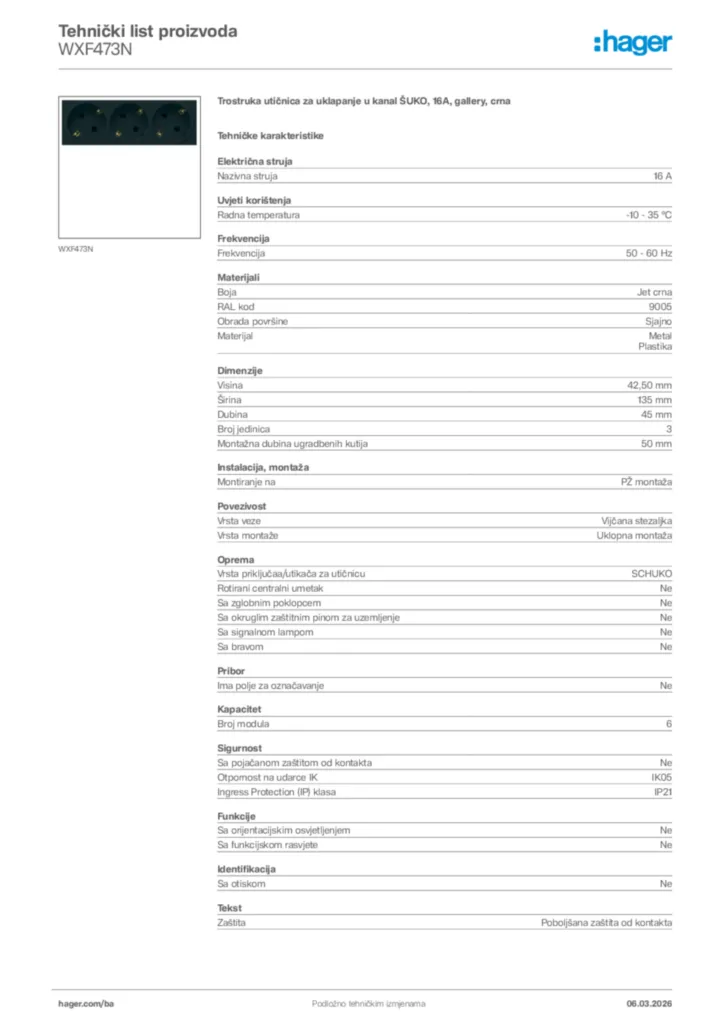 Slika Hager Tehnički list proizvoda WXF473N  | Hager