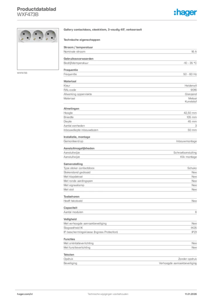 Afbeelding Hager Productdatablad WXF473B | Hager Nederland