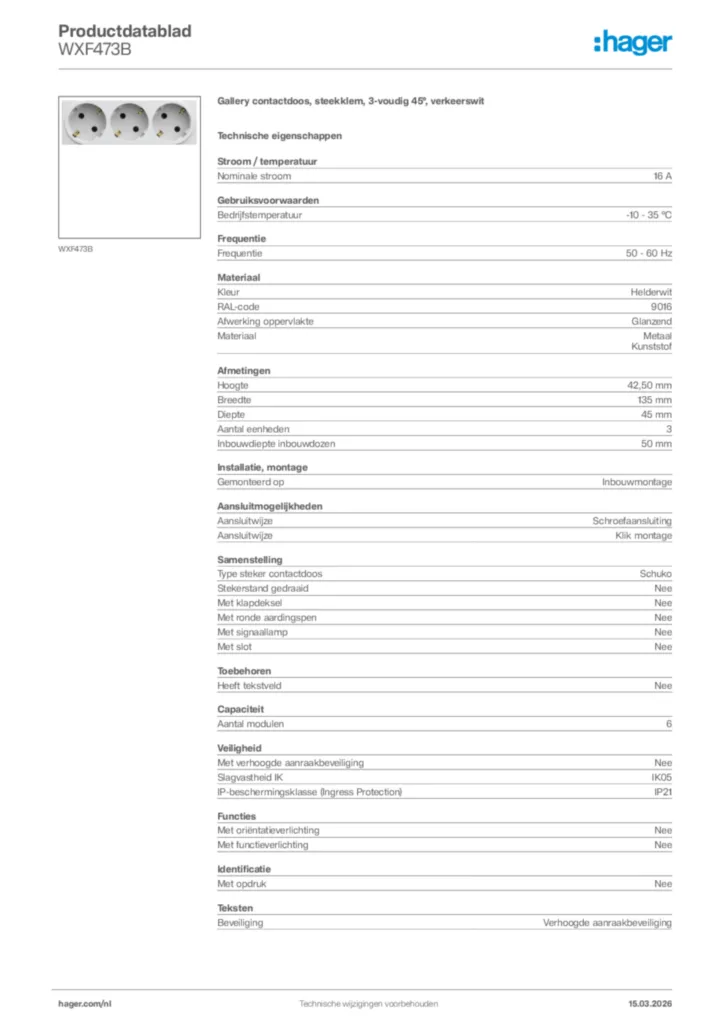 Afbeelding Hager Productdatablad WXF473B | Hager Nederland