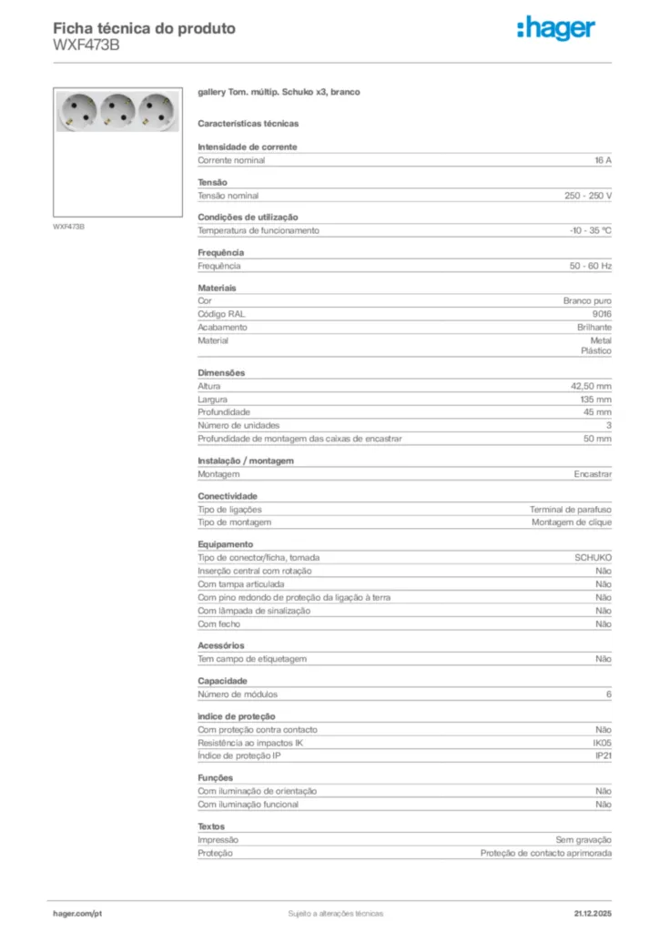 Imagem Hager Ficha técnica do produto WXF473B | Hager Portugal