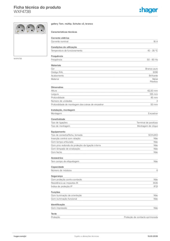 Imagem Hager Ficha técnica do produto WXF473B | Hager Portugal