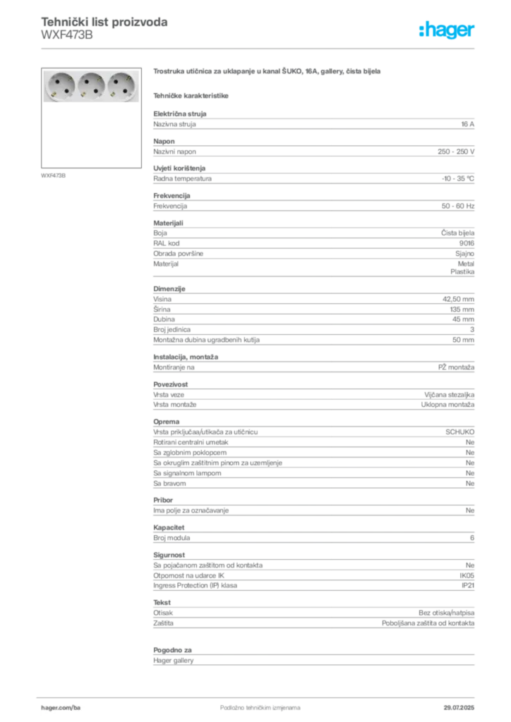 Slika Hager Product data sheet WXF473B  | Hager