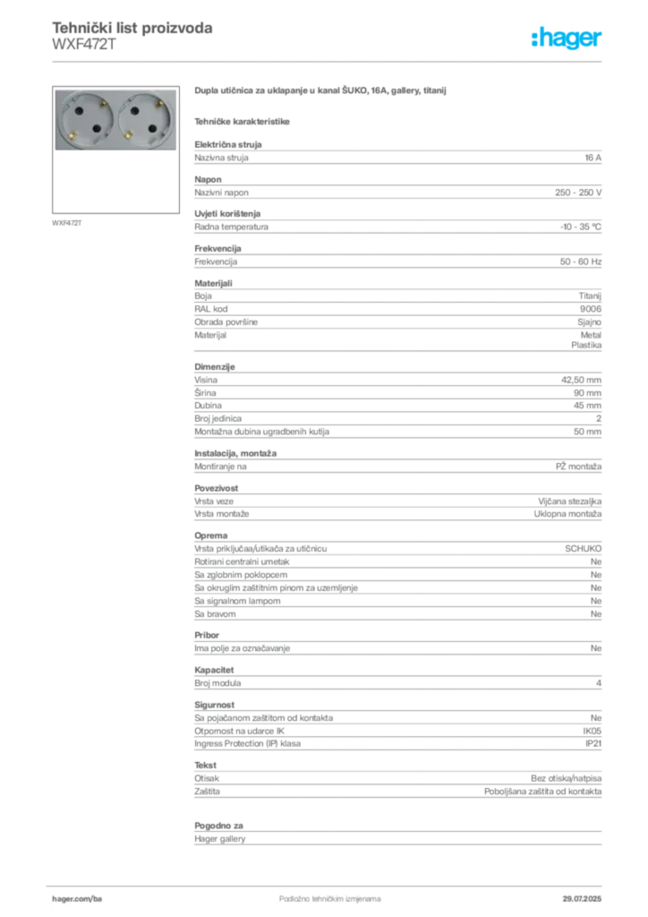 Slika Hager Product data sheet WXF472T  | Hager