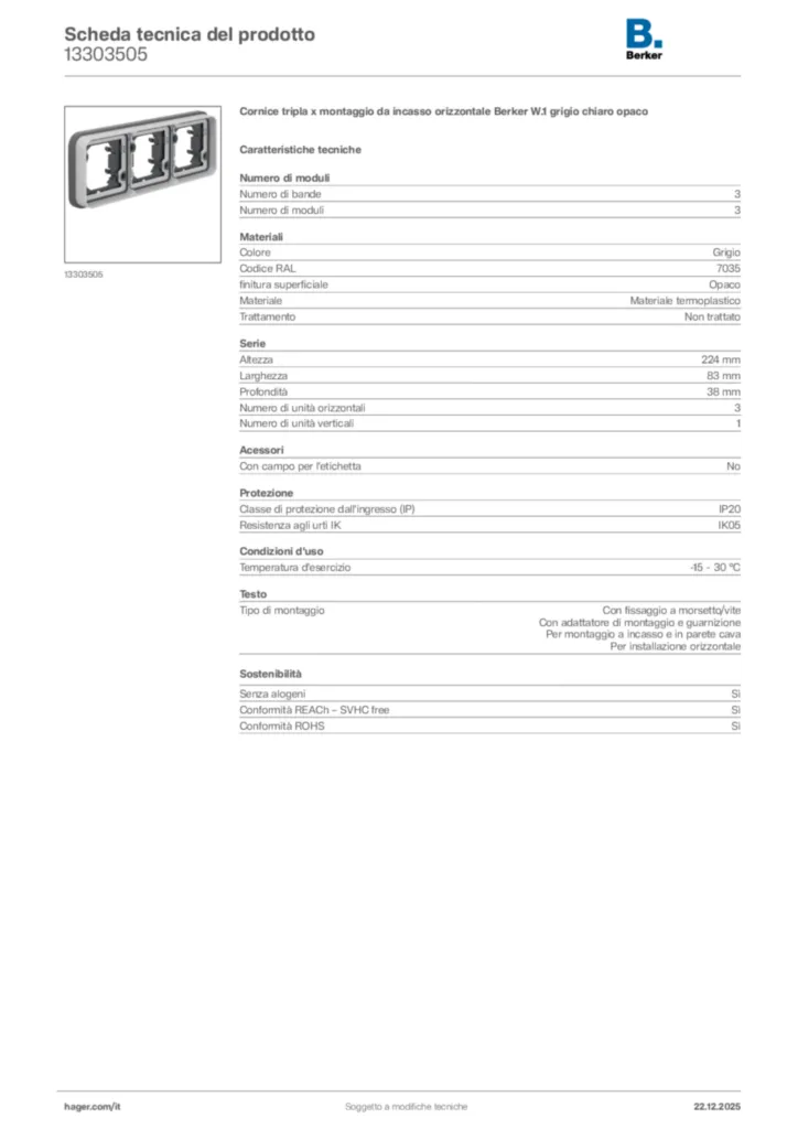 Immagine Berker Scheda tecnica del prodotto 13303505 | Hager Italia