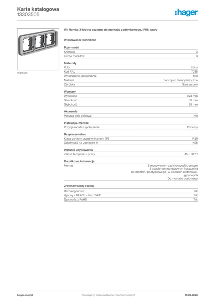 Zdjęcie Hager Karta katalogowa 13303505 | Hager Polska