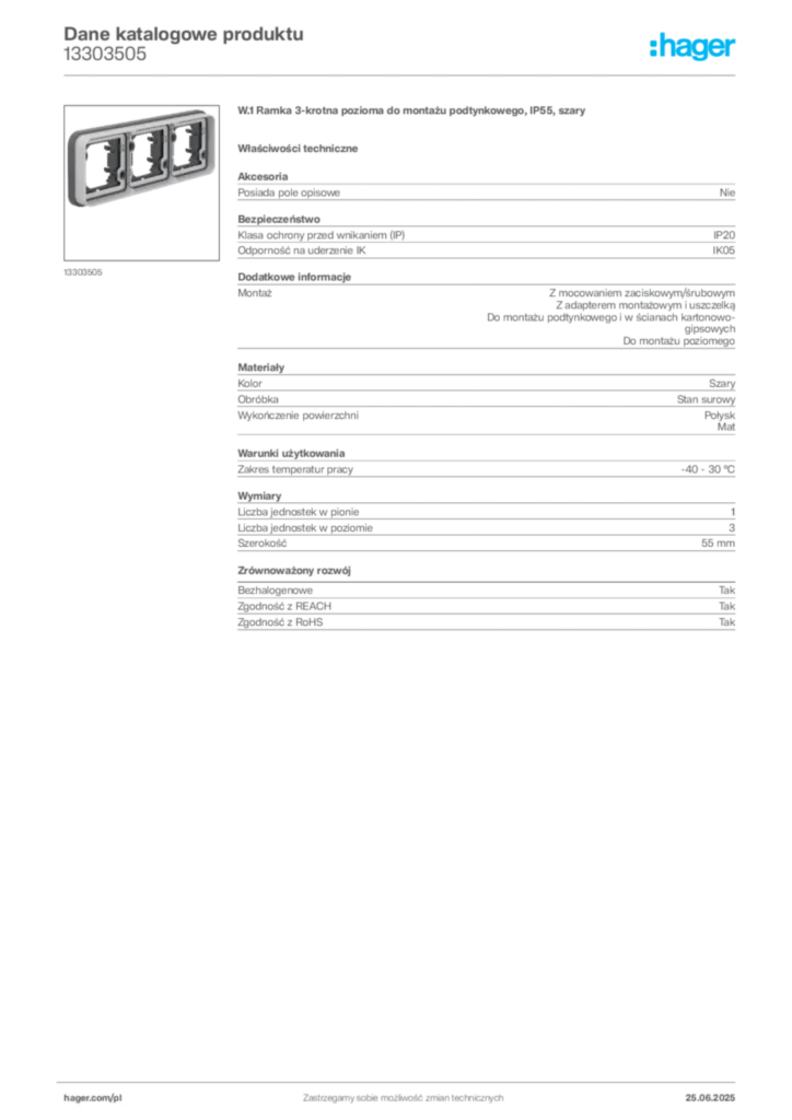 Zdjęcie Hager Dane katalogowe produktu 13303505 | Hager Polska