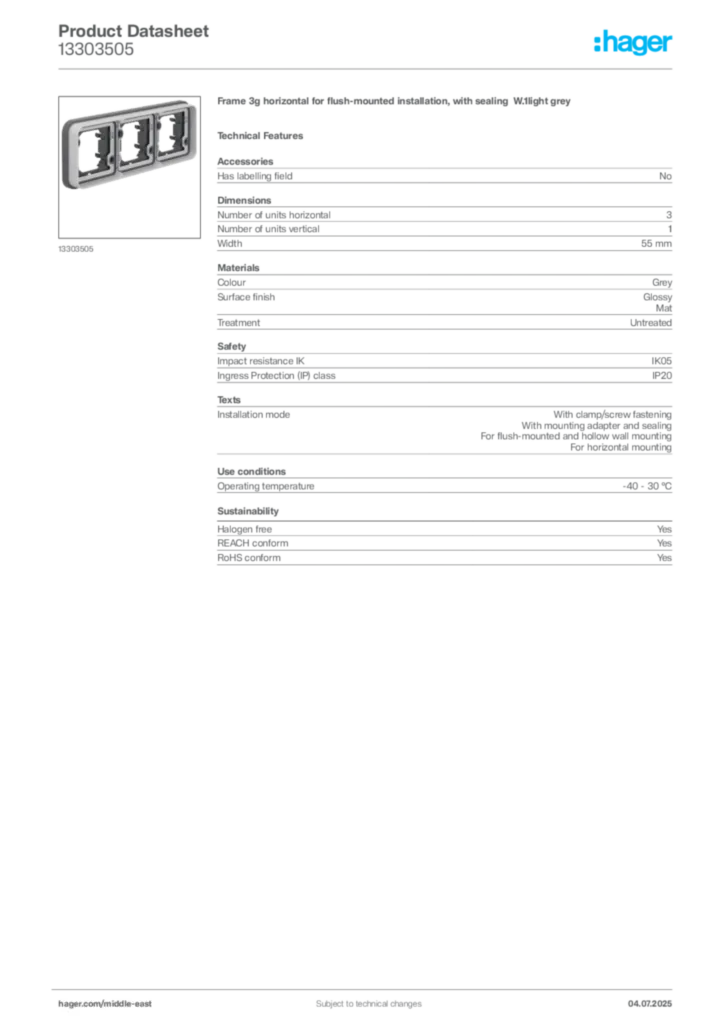 Image Hager Product data sheet 13303505  | Hager