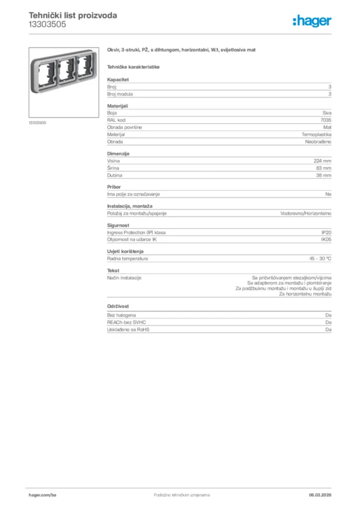 Slika Hager Tehnički list proizvoda 13303505  | Hager