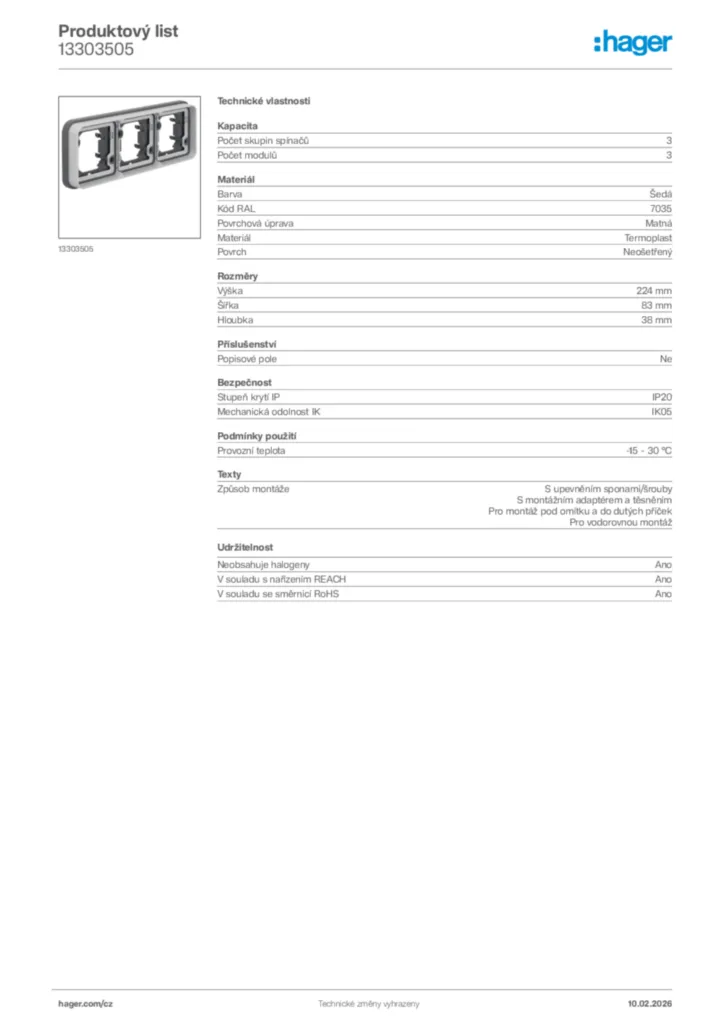 Obrázek Hager Product data sheet 13303505 | Hager