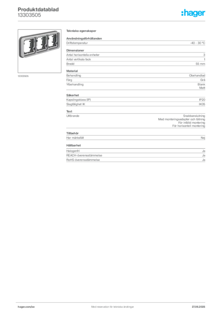 Bild Hager Produktdatablad 13303505 | Hager Sverige