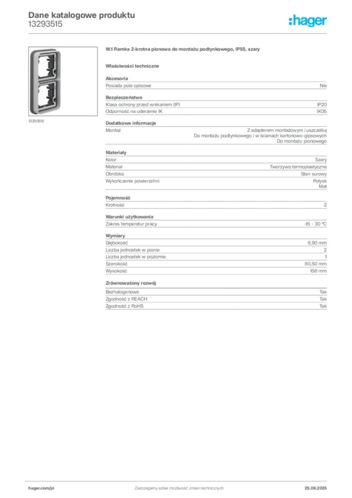 Zdjęcie Hager Dane katalogowe produktu 13293515 | Hager Polska