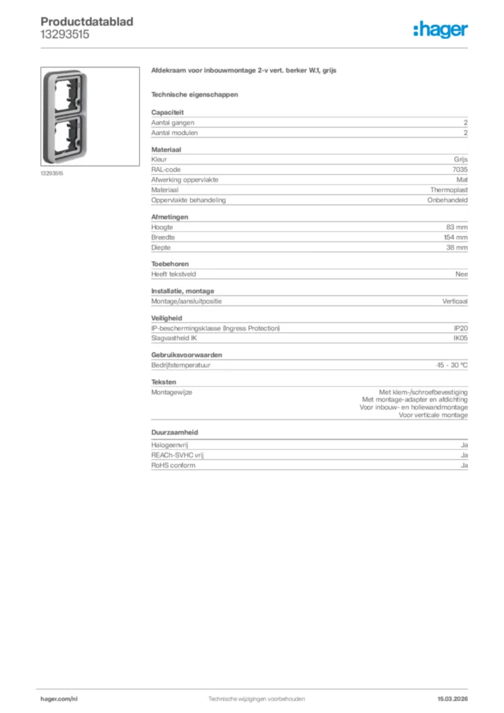 Afbeelding Hager Productdatablad 13293515 | Hager Nederland