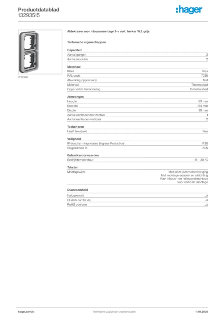 Afbeelding Hager Productdatablad 13293515 | Hager Nederland