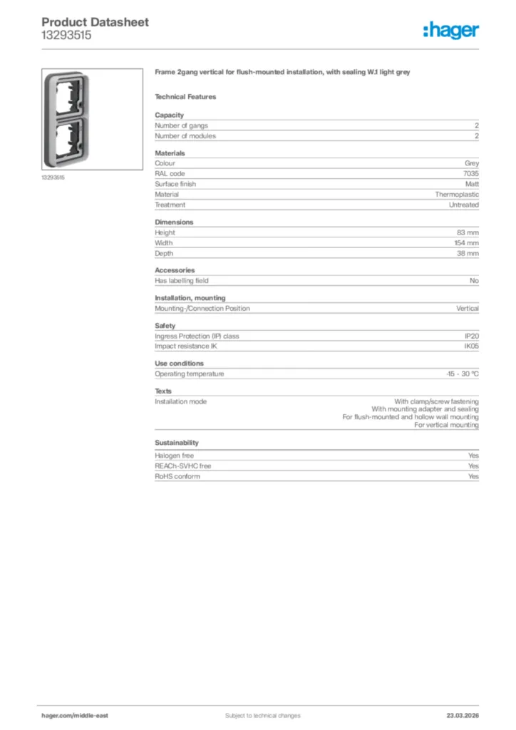 Image Hager Product data sheet 13293515  | Hager
