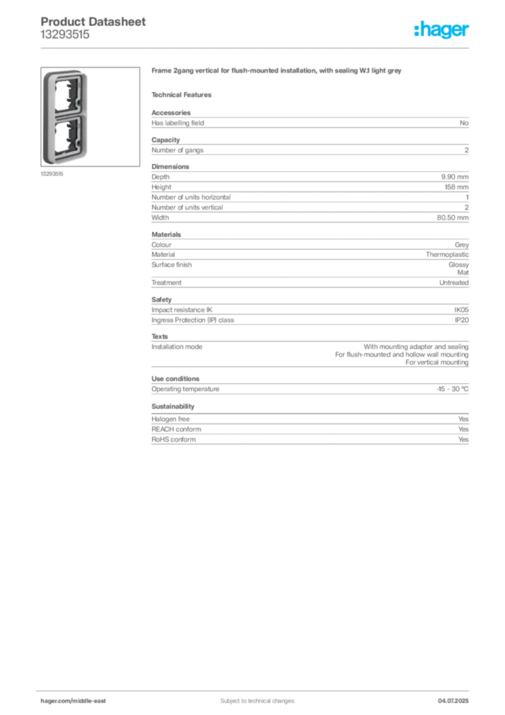 Image Hager Product data sheet 13293515  | Hager