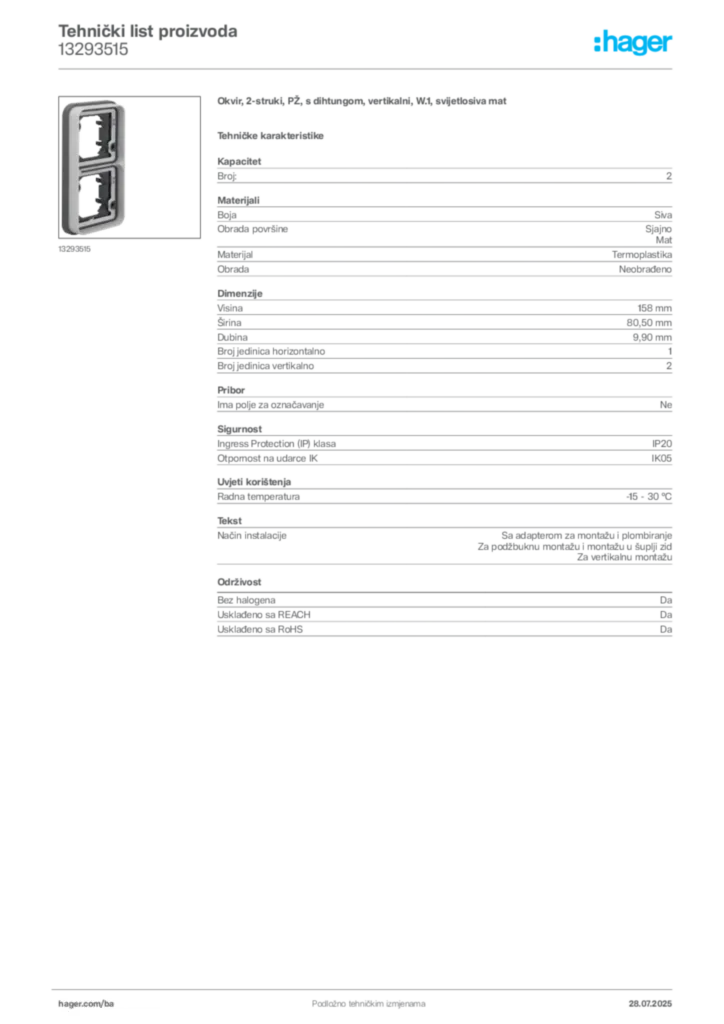 Slika Hager Product data sheet 13293515  | Hager