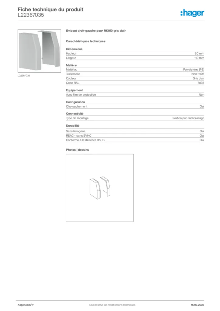 Image Hager Fiche technique du produit L22367035 | Hager France