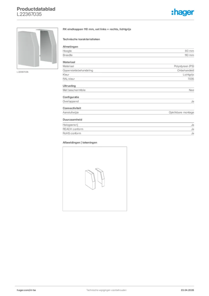 Afbeelding Hager Productdatablad L22367035 | Hager Belgium