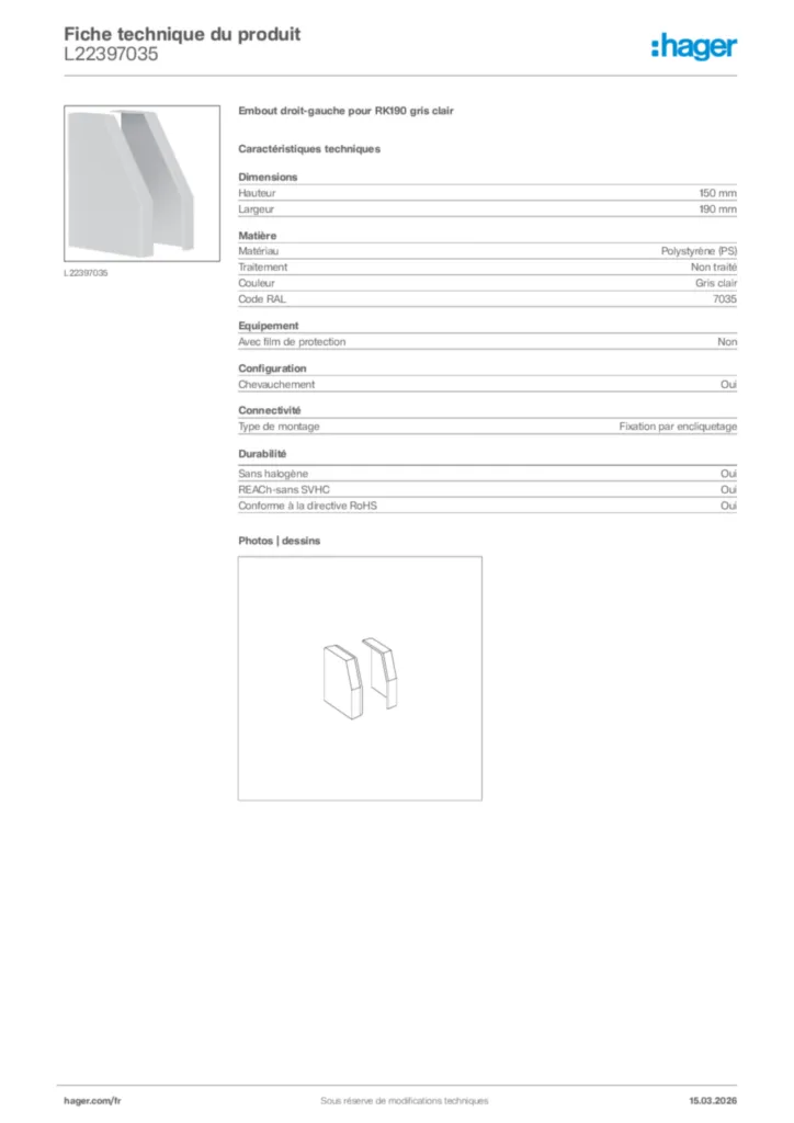 Image Hager Fiche technique du produit L22397035 | Hager France