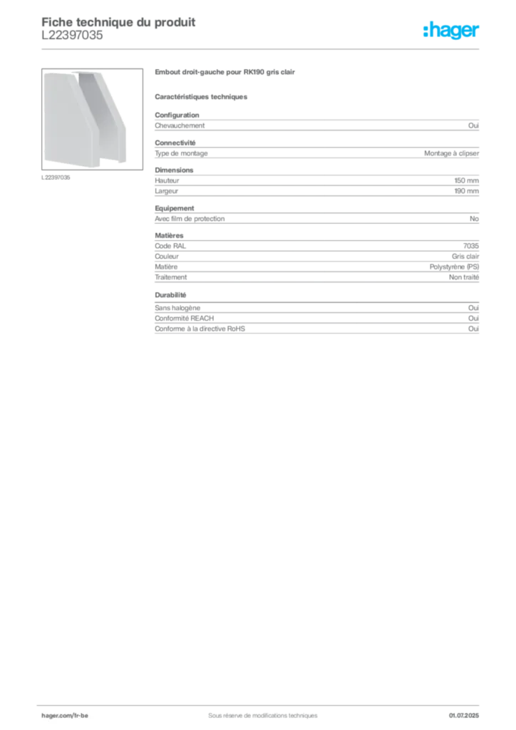 Image Hager Fiche technique du produit L22397035 | Hager Belgique