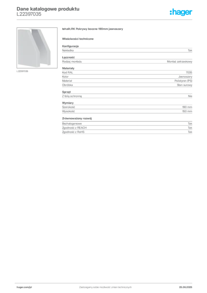 Zdjęcie Hager Dane katalogowe produktu L22397035 | Hager Polska