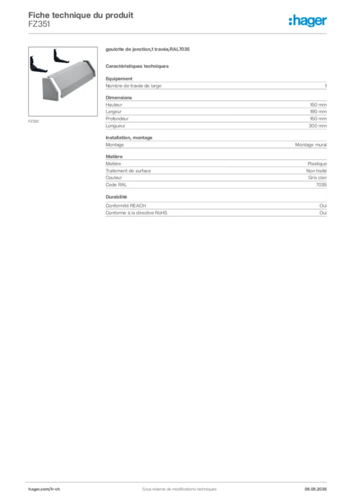 Image Hager Fiche technique du produit FZ351 | Hager Suisse