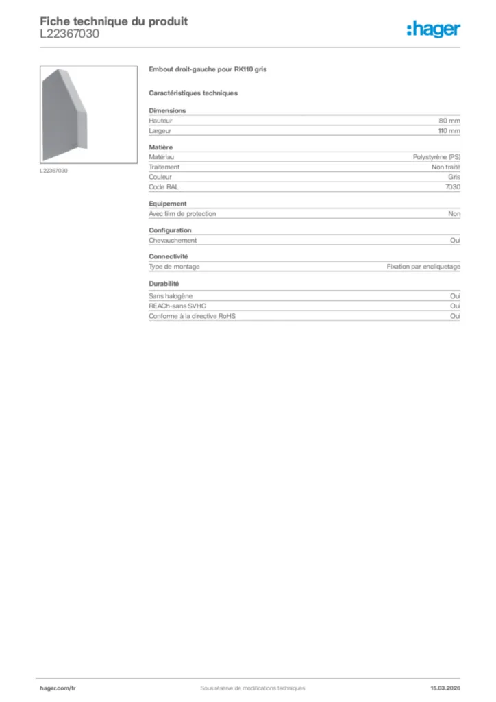 Image Hager Fiche technique du produit L22367030 | Hager France