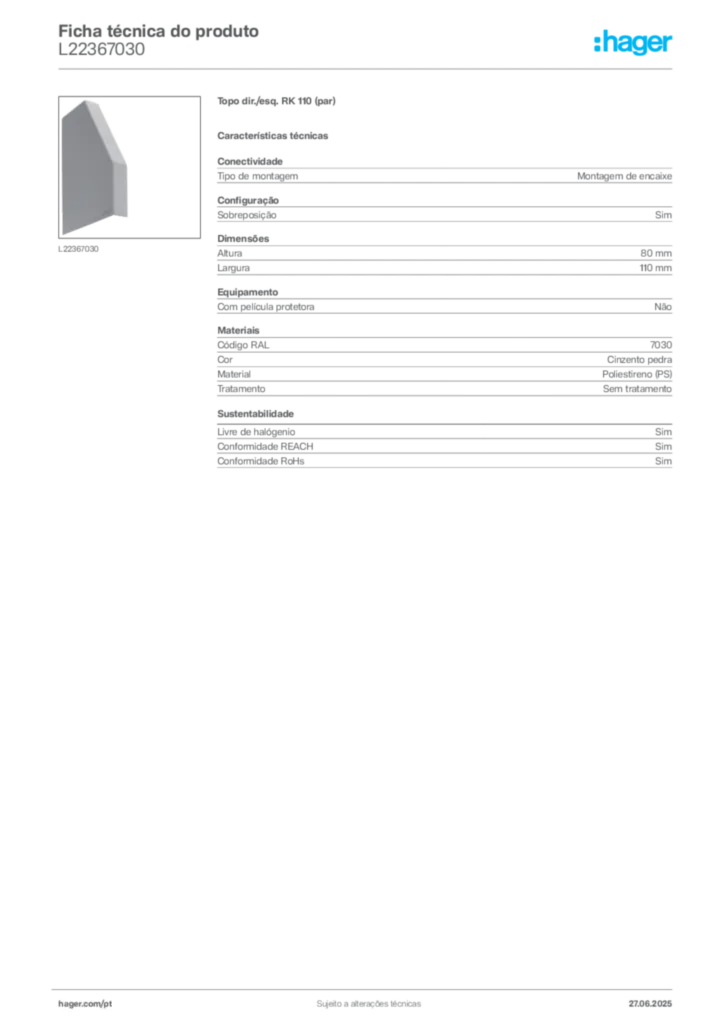 Imagem Hager Ficha técnica do produto L22367030 | Hager Portugal