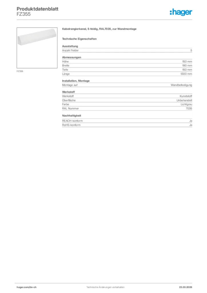 Bild Hager Produktdatenblatt FZ355 | Hager Schweiz
