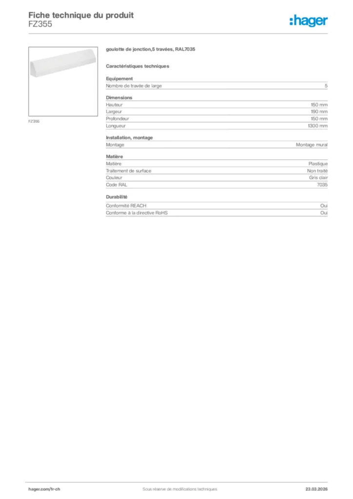 Image Hager Fiche technique du produit FZ355 | Hager Suisse