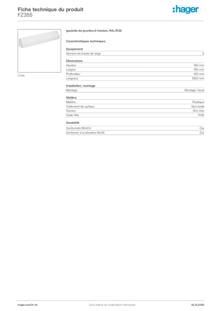Image Hager Fiche technique du produit FZ355 | Hager Suisse