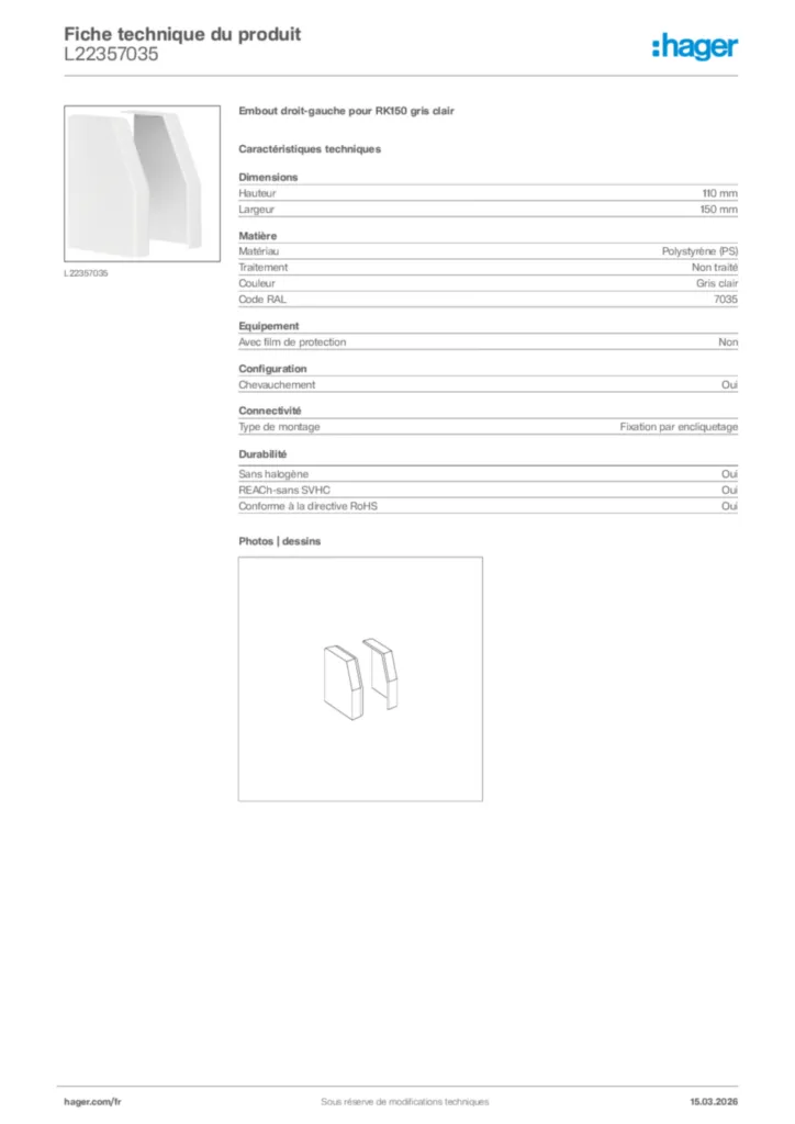 Image Hager Fiche technique du produit L22357035 | Hager France