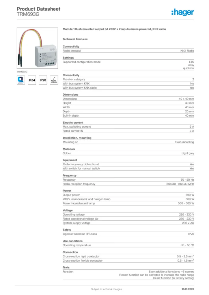 Image Hager Product data sheet TRM693G  | Hager Africa