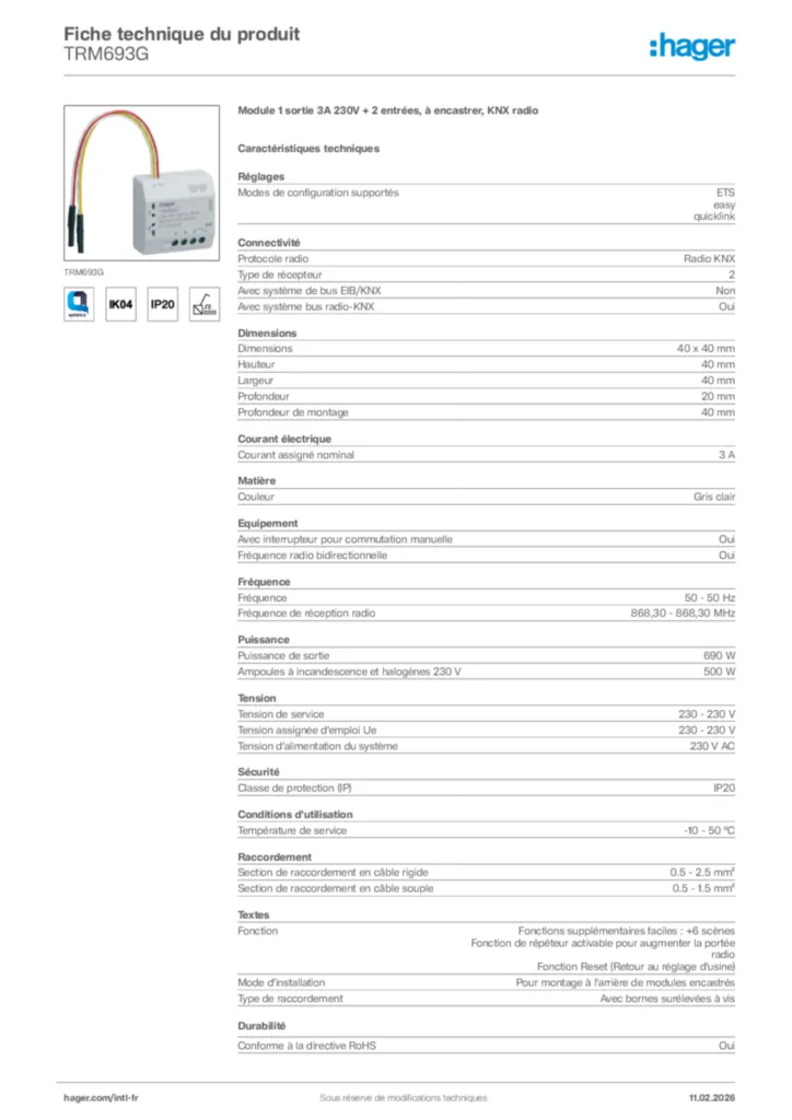 Image Hager Fiche technique du produit TRM693G | Hager Afrique