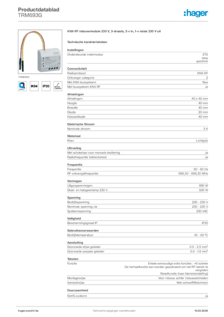 Afbeelding Hager Productdatablad TRM693G | Hager Belgium