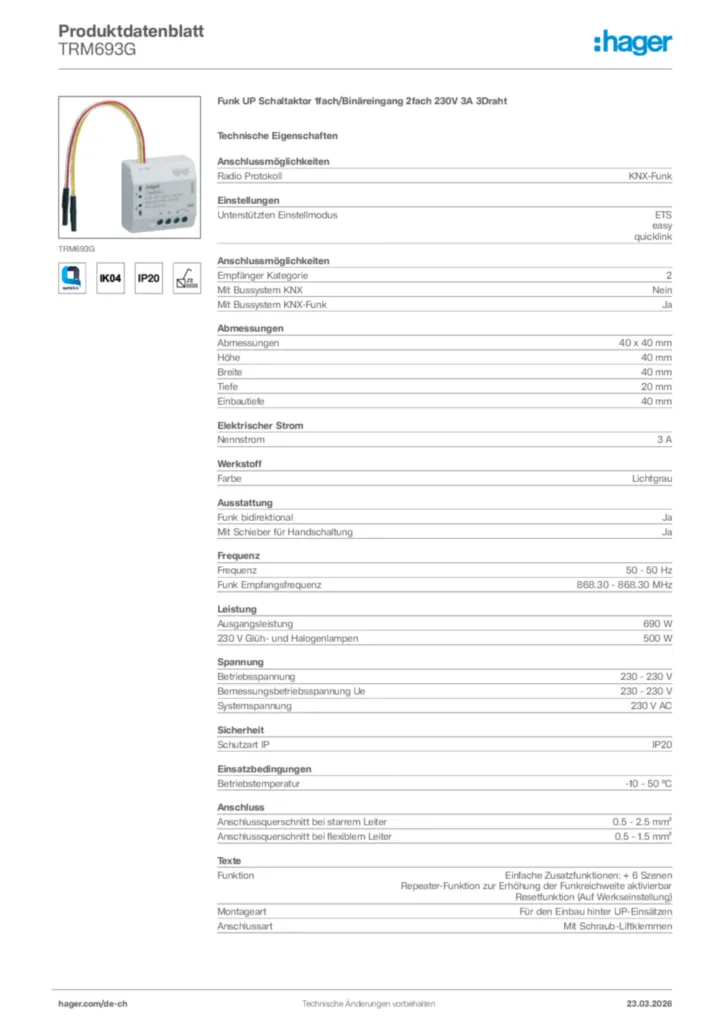 Bild Hager Produktdatenblatt TRM693G | Hager Schweiz
