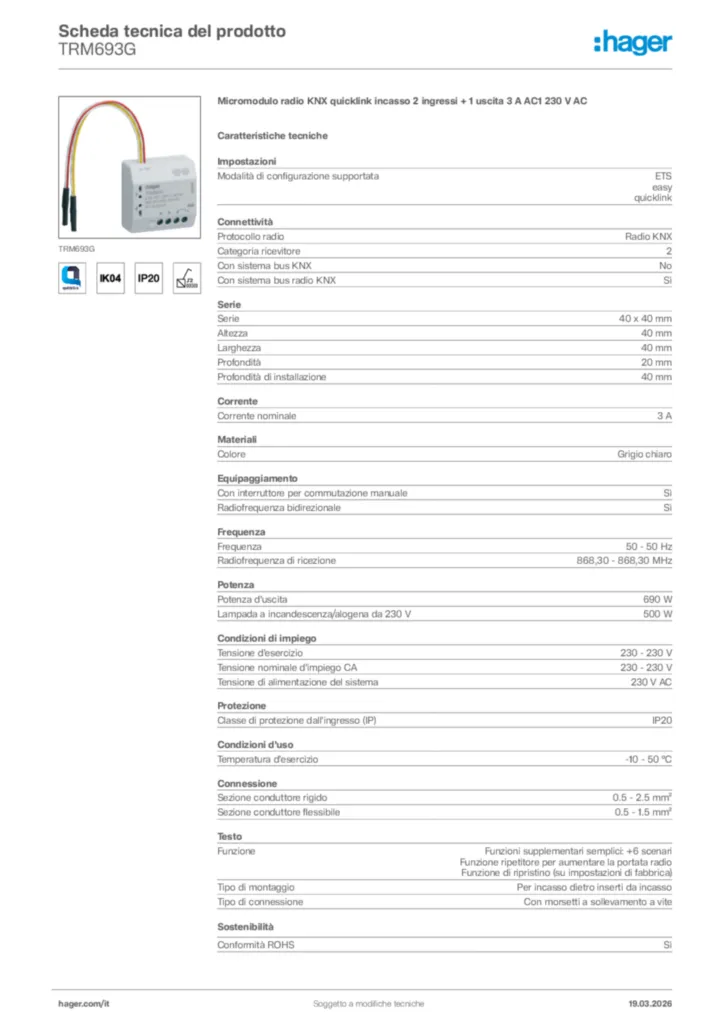Immagine Hager Scheda tecnica del prodotto TRM693G | Hager Italia