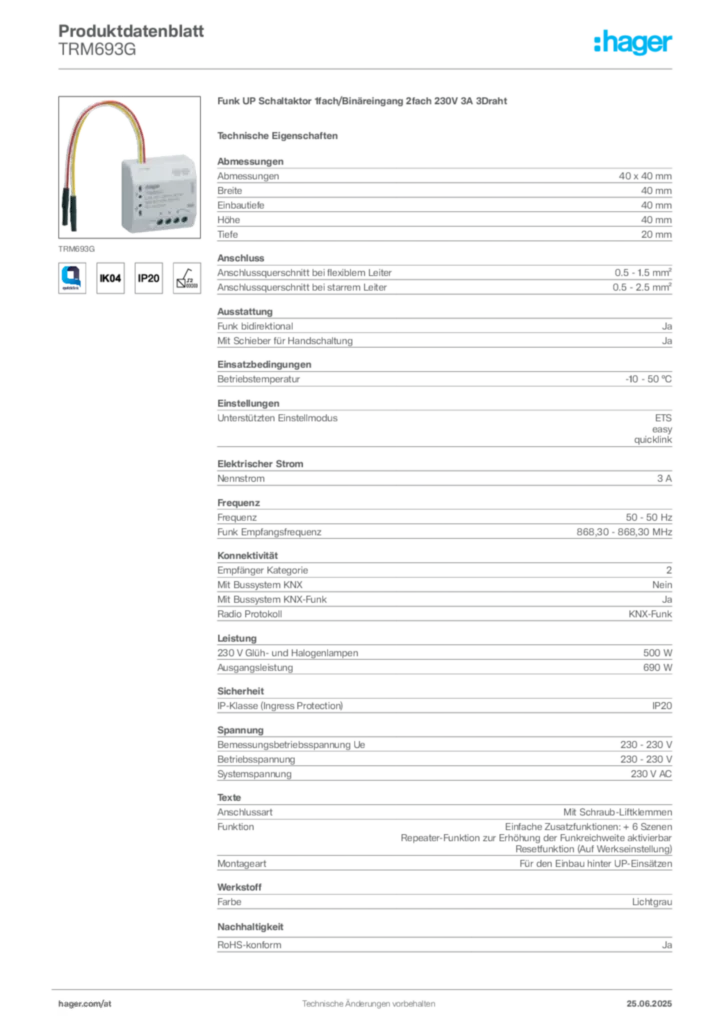 Bild Hager Produktdatenblatt TRM693G | Hager Deutschland