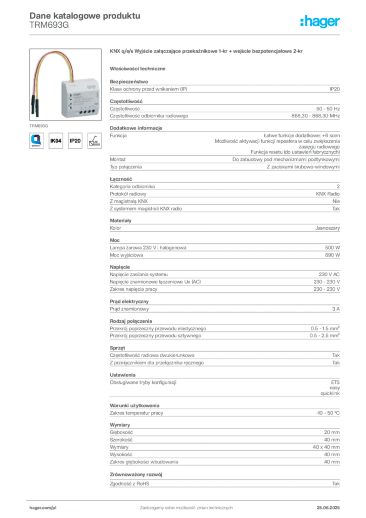 Zdjęcie Hager Dane katalogowe produktu TRM693G | Hager Polska