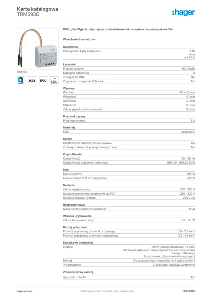 Zdjęcie Hager Karta katalogowa TRM693G | Hager Polska