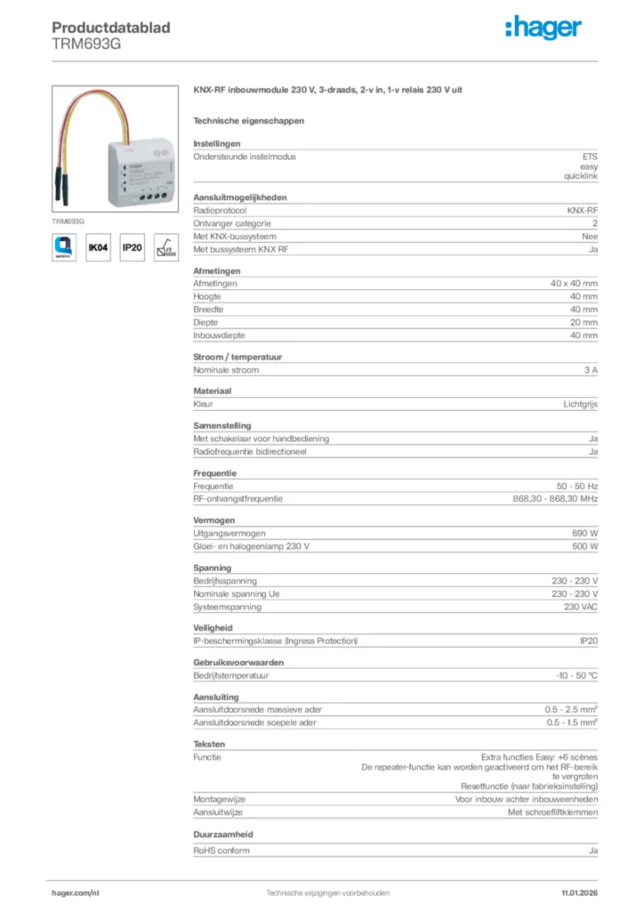 Afbeelding Hager Productdatablad TRM693G | Hager Nederland