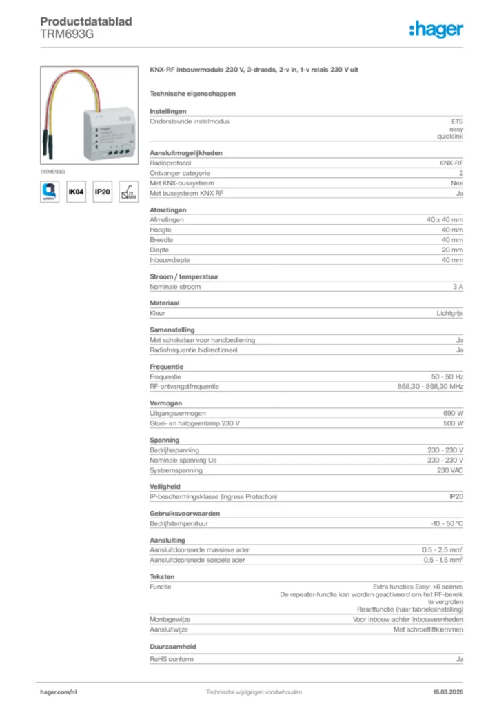 Afbeelding Hager Productdatablad TRM693G | Hager Nederland