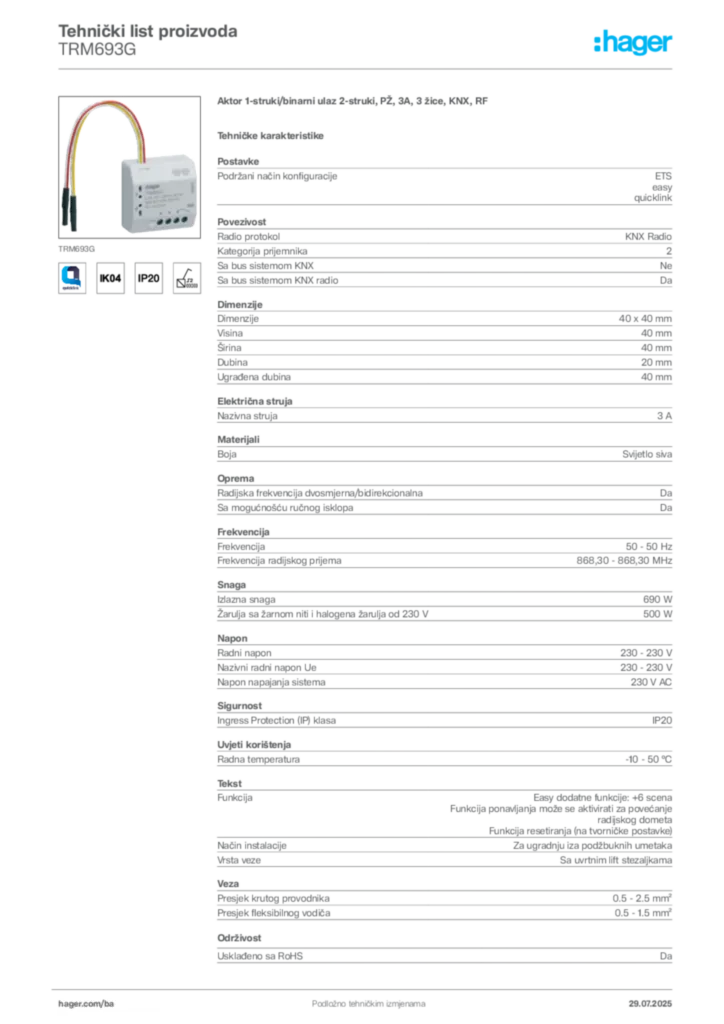Slika Hager Product data sheet TRM693G  | Hager