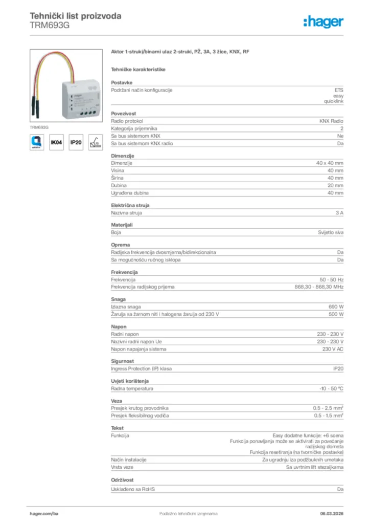 Slika Hager Tehnički list proizvoda TRM693G  | Hager