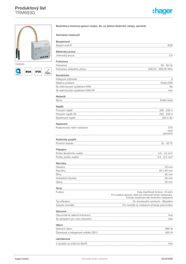 Obrázek Hager Produktový list TRM693G | Hager