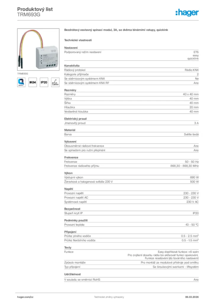 Obrázek Hager Product data sheet TRM693G | Hager