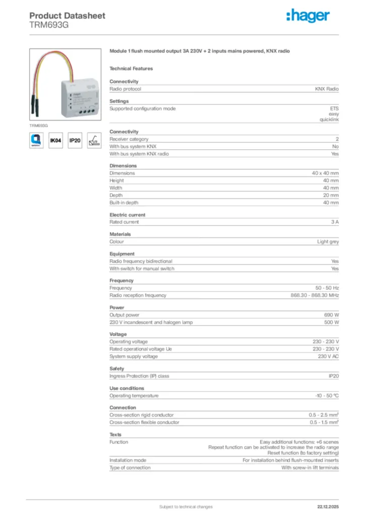 Image Hager Product data sheet TRM693G  | Hager