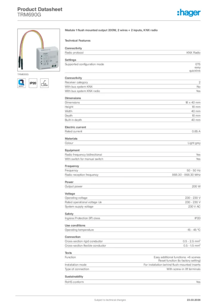 Image Hager Product data sheet TRM690G  | Hager Africa