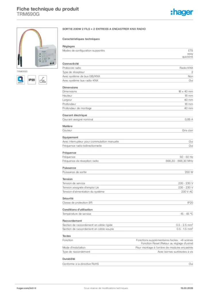 Image Hager Fiche technique du produit TRM690G | Hager Afrique